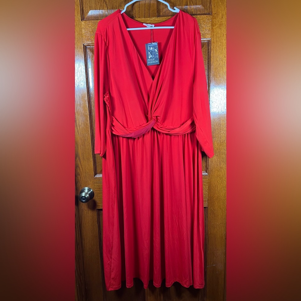 Pinup Fashion Dress 24W Red 3/4 Sleeves V Neck NWT